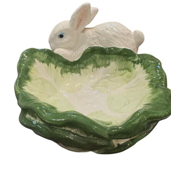 Vintage Ceramic Rabbit & Cabbage Bowl Hand-Painted Decorative Dish Green & White - Picture 1 of 7